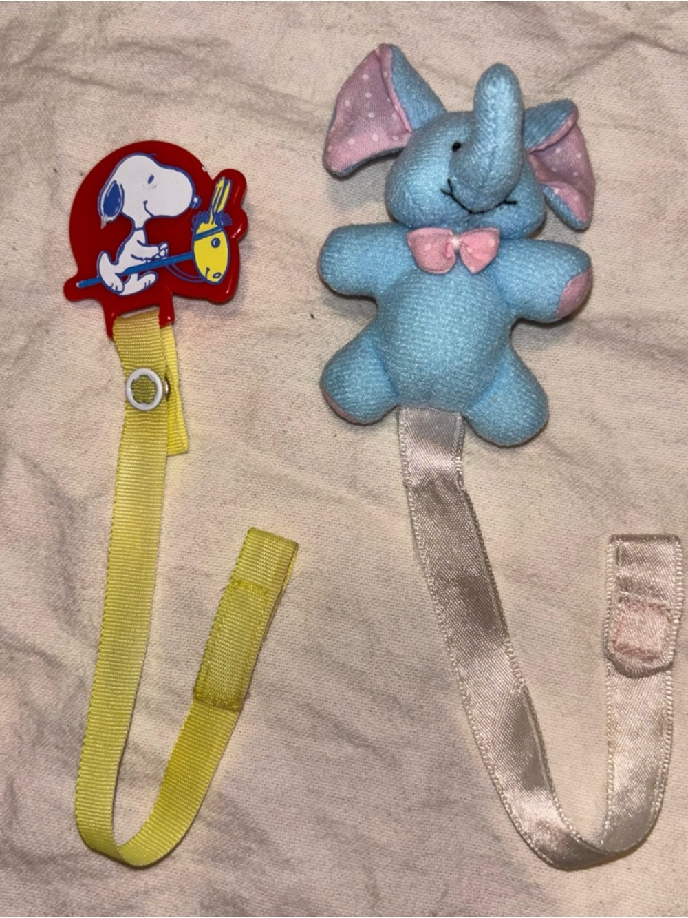 Russ Buddy Noah's Elephant & Peanuts Snoopy Pacifier Binky Clip Hook & Loop
